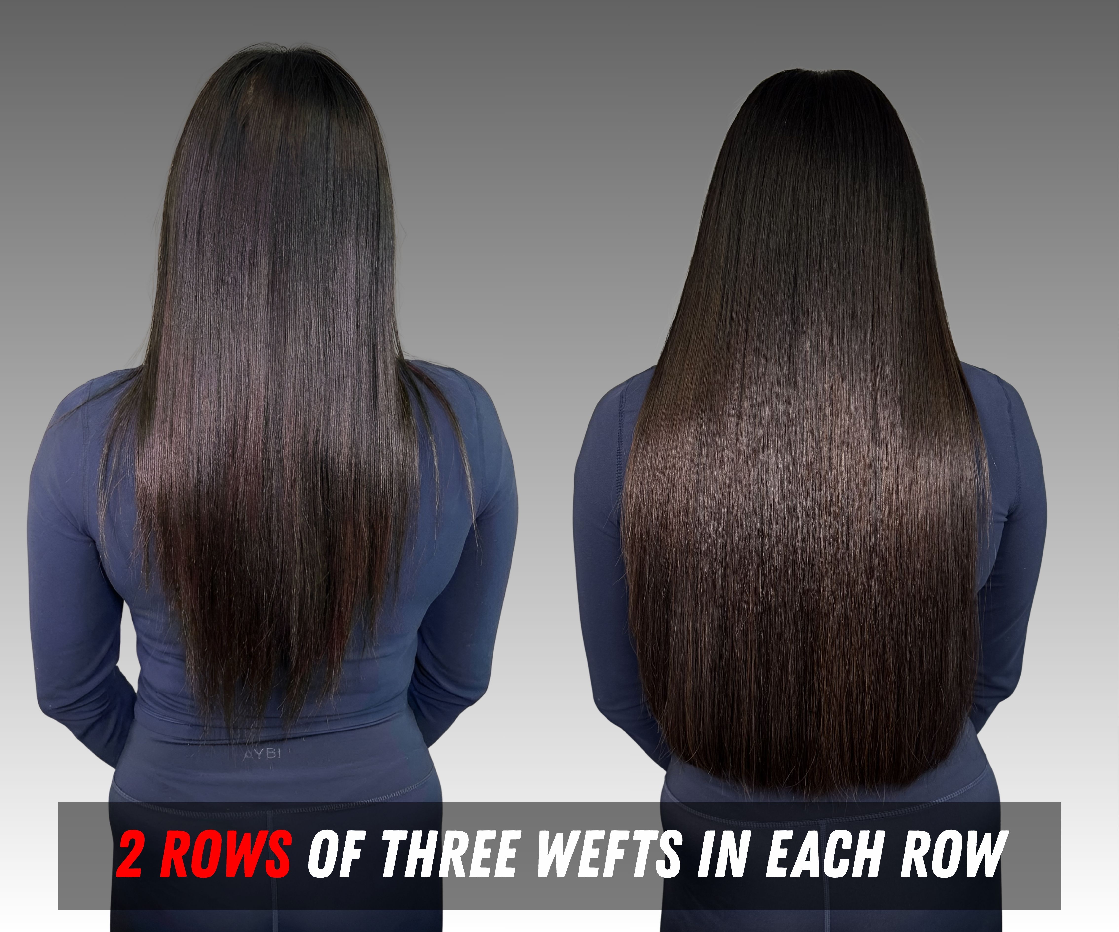 IBE hair extensions before and after — 2 rows, natural volume, Brooklyn NY client